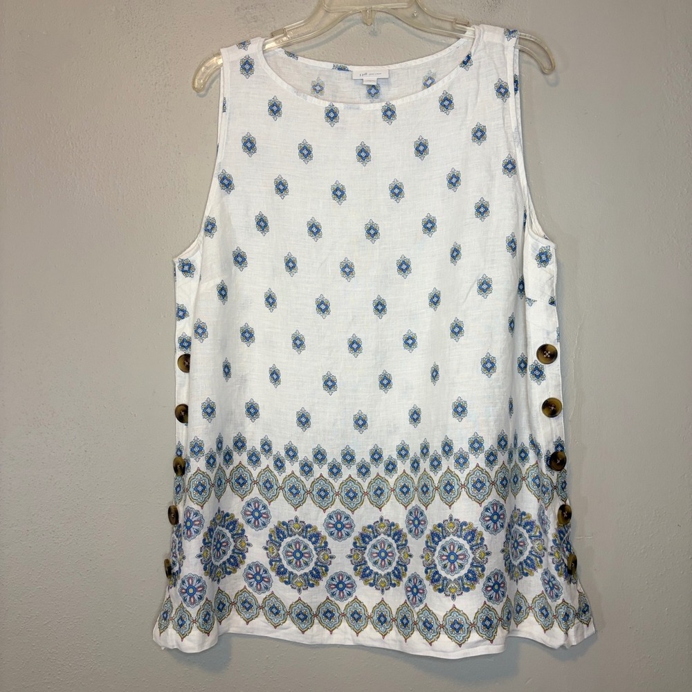 J Jill Love Linen Tank Top Womens L White Blue Medallion Tile Side Button Tunic